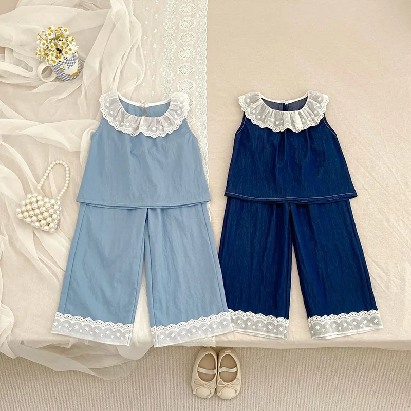 

2023 Новая летняя детская одежда, костюм для детей от 2 до 6 лет, комплект одежды для маленьких девочек, кружевной жилет без рукавов + брюки