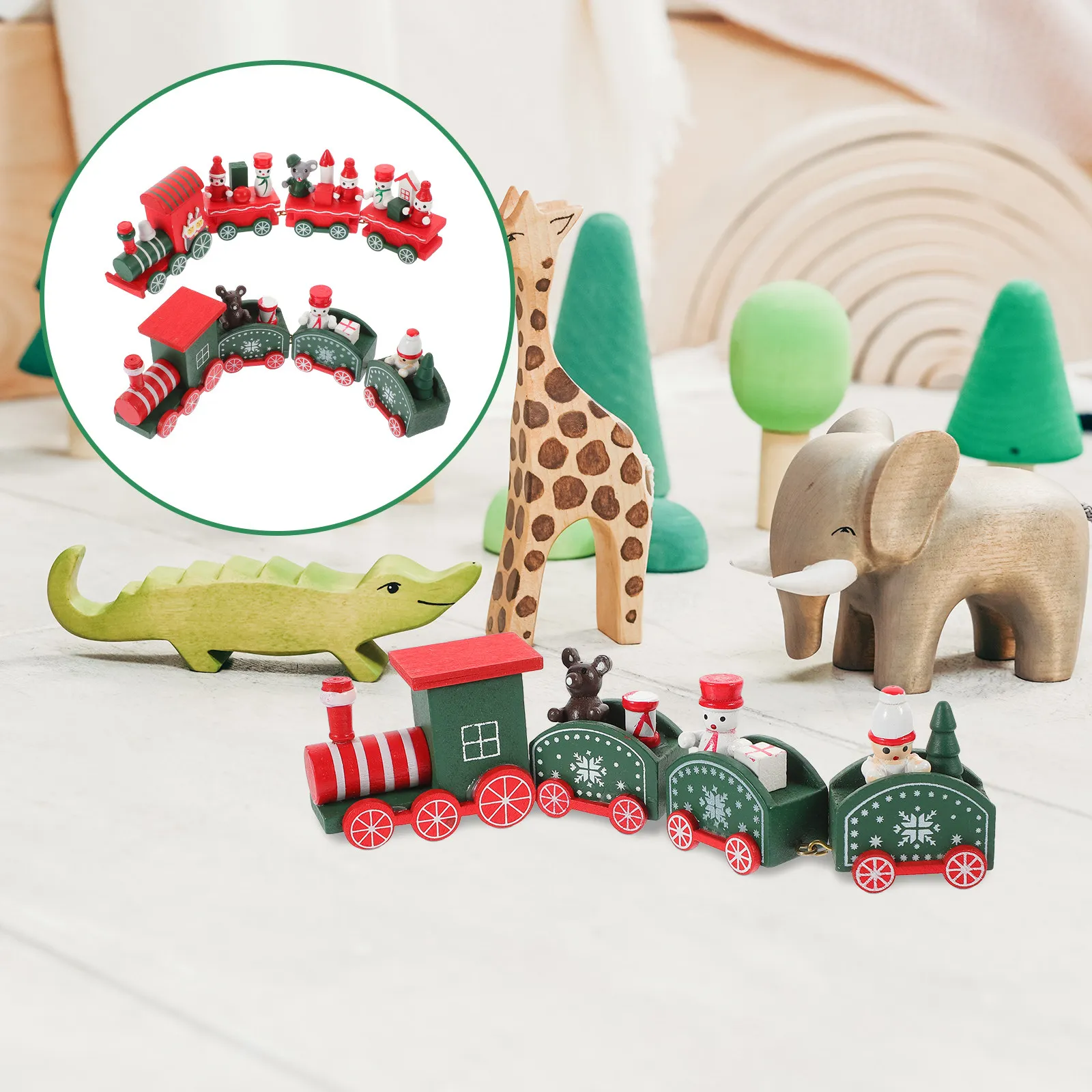 

2Sets Cartoon Christmas Train Decor Wooden Christmas Ornament Scene Decoration Compact Size Desktop Kids Play Gift