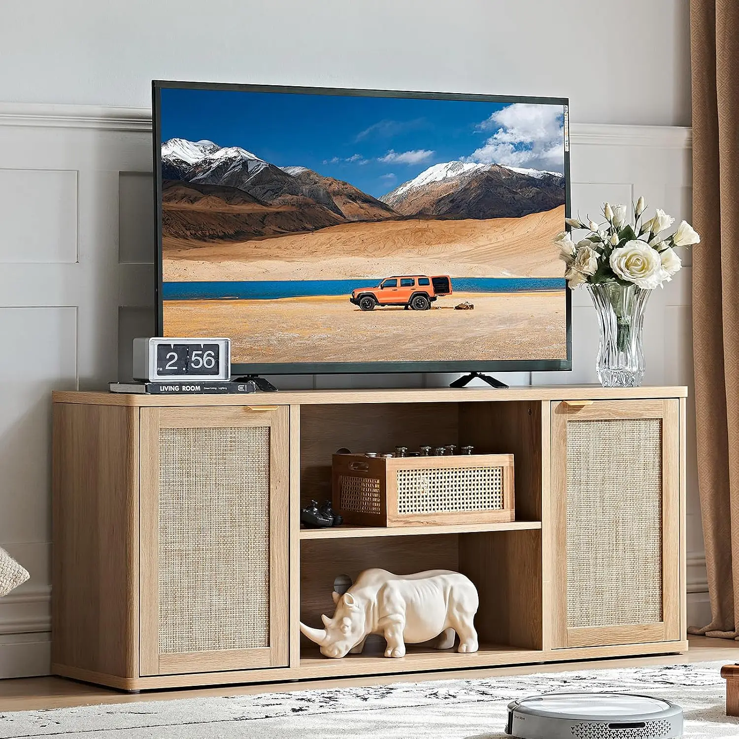 Boho Rattan Rustic Wood TV Cabinet With Storage & Open Shelves Entertainment Center For Living Room, Custom
