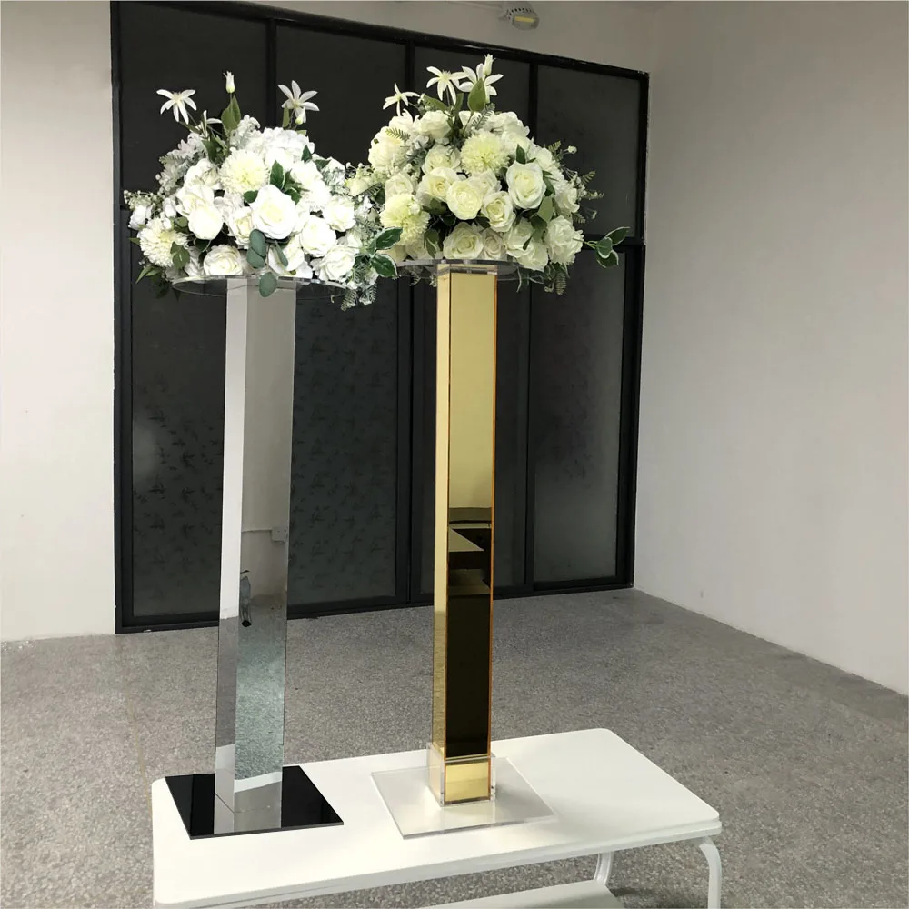 10pcsGold Flower Road Lead  Table Centerpieces tall gold mirror flower column vase Event Party Vases Hotel Decoration