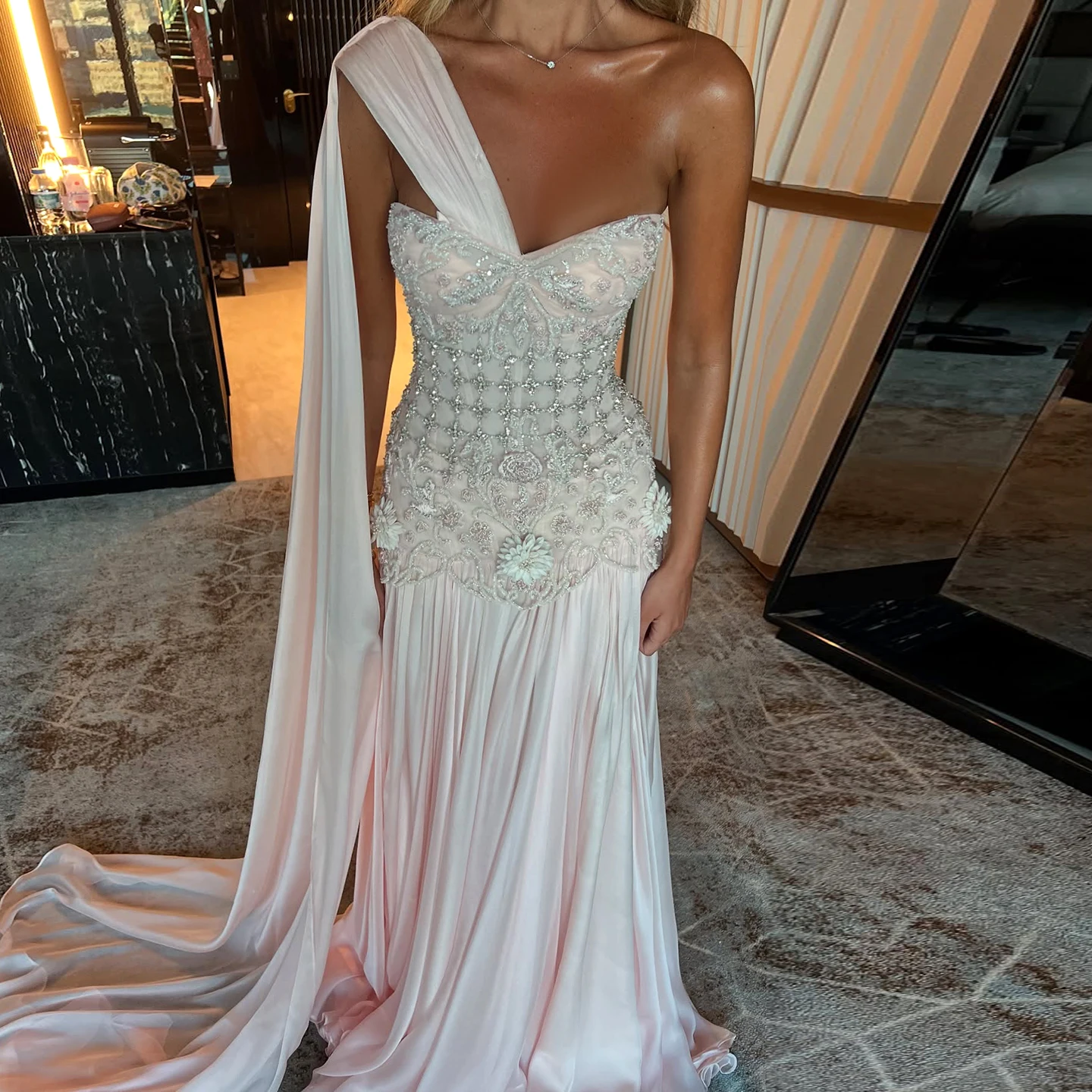 Sharon Said Elegant One Shoulder A Line Evening Dress with Cape 3D Flowers Crys…