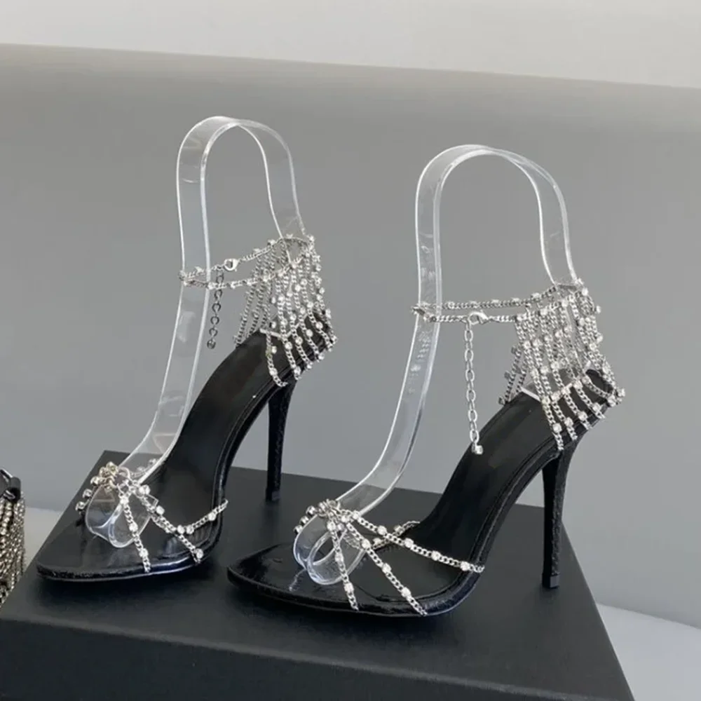 

Shiny Crystal Chain Sandals Sexy Pointed Toe Thin Heel Cover Heel New Arrivals Fashion Women Modern Shoes
