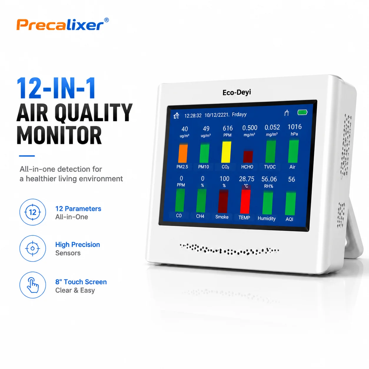 8" Touch 12-in-1 Air Quality Monitor, CO2/PM2.5/HCHO/TVOC/CO/CH4/Smoke/AQI/Temp/Humidity/Baro/Body Temp Tester with Data Logger