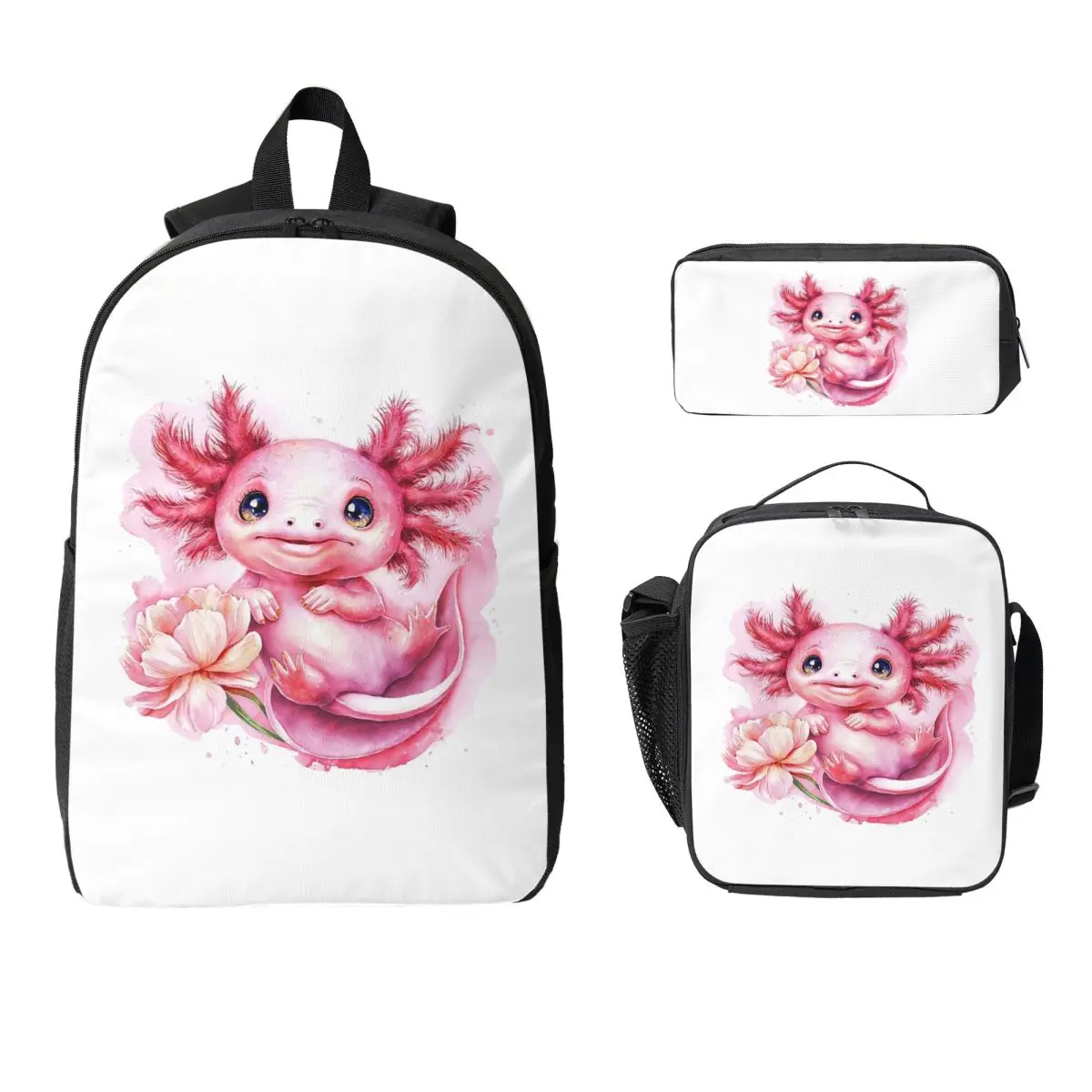 

Cartoon Pink Axolotl Salamander And Pink Flowers Backpack BookBag School Bag Shoulder Bags 3ps Insulated Lunch Bag Pencil Case