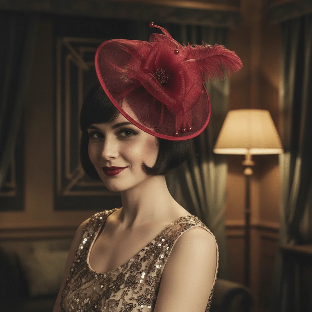 

Изысканная сетчатая повязка на голову с перьями и жемчугом, винтажный фасцинатор, элегантная шляпка в стиле 1920-х годов, аксессуар для волос на свадьбу