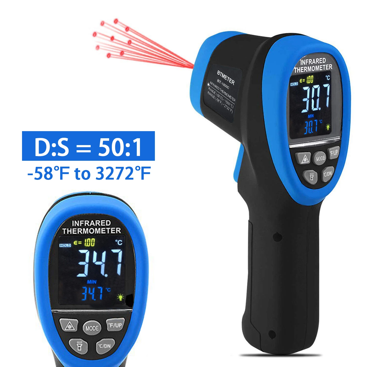 

Pyrometer -58°F ~3272°F (-50~1800℃) IR Temp Gun,D:S 50:1 High Temperature Infrared Thermometer for Industrial HVAC BTMETER