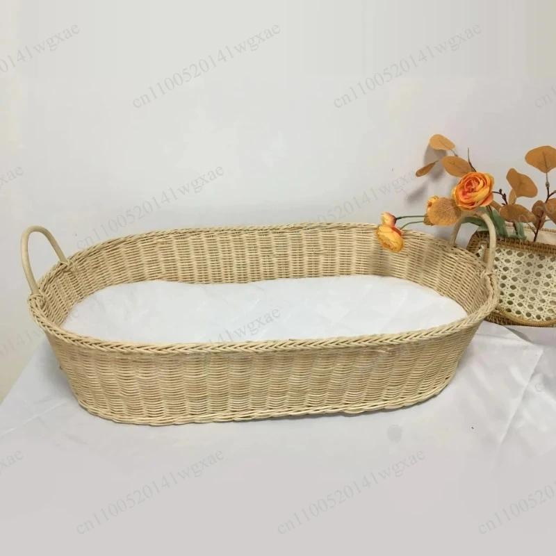 Handmade Natural Rattan Woven Basket Portable Newborn Cradle Sleep Organizer Storage Basket