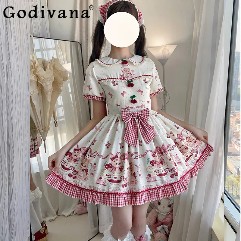 

Original Japanese Style Lolita Dress Op Summer New Kawaii Girls Cute Bow Bear Print Dress Women Daily Casual Dress Y2k Clothes