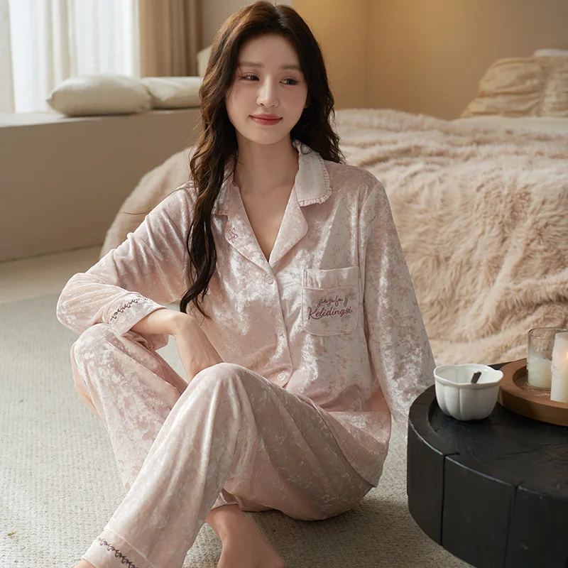 

2 шт., золотые велюровые пижамы, осенне-зимние бархатные пижамы, рубашка, брючный костюм, женская одежда для сна, ночная рубашка, домашняя одежда