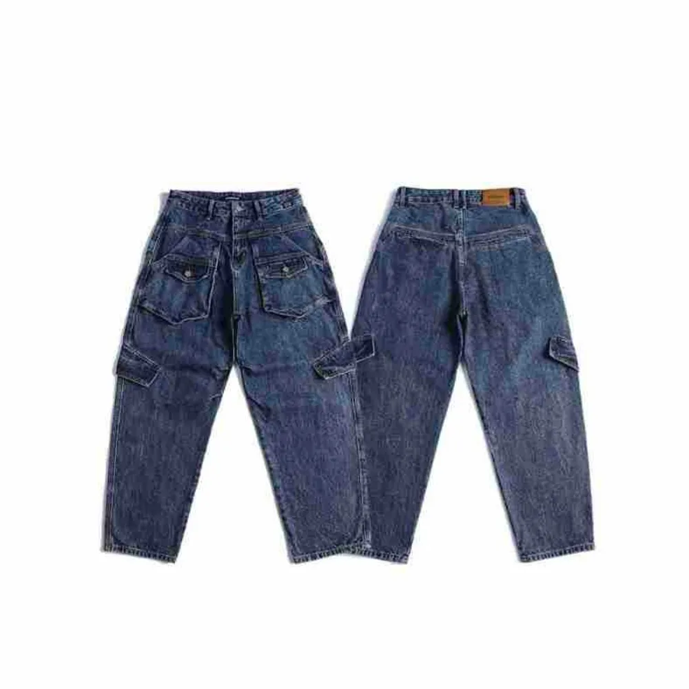 Japanese Straight Leg Deep Blue Jeans Washed Multi Pocket American Street Loose Pants for Men