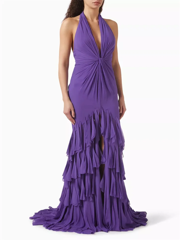 

Customized Stunning Twisted Ruffled Chiffon Dress Sleeveless Halter Neck Strappy Deep V Neck Flowing Ruffled Evening Gown