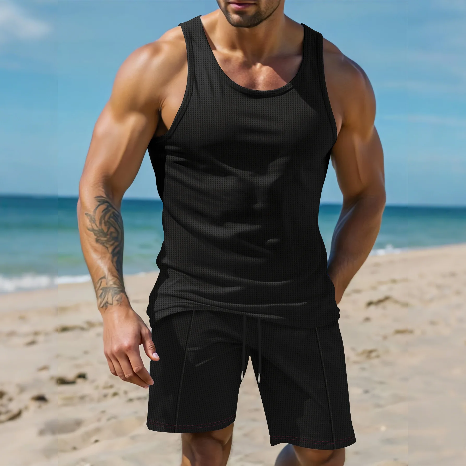 

New Solid Color American Outdoor Casual Breathable Short-sleeved Vest Shorts Sports Suit