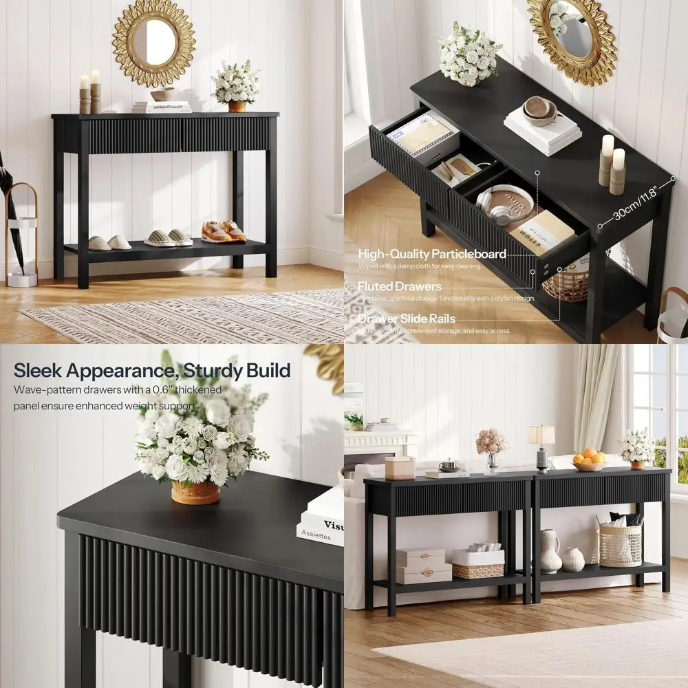 

39.4 Modern Fluted Console Table with 2 Drawers, Storage Shelf, Ideal for Entryway, Living Room, Black