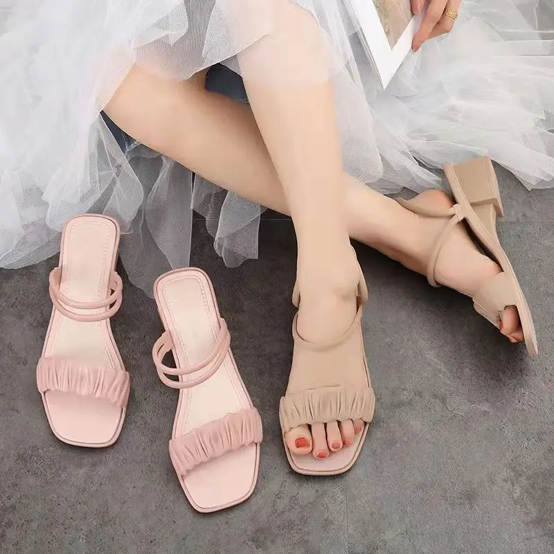 Women Sandals thick heel candy color summer pleated upper square toe shoes