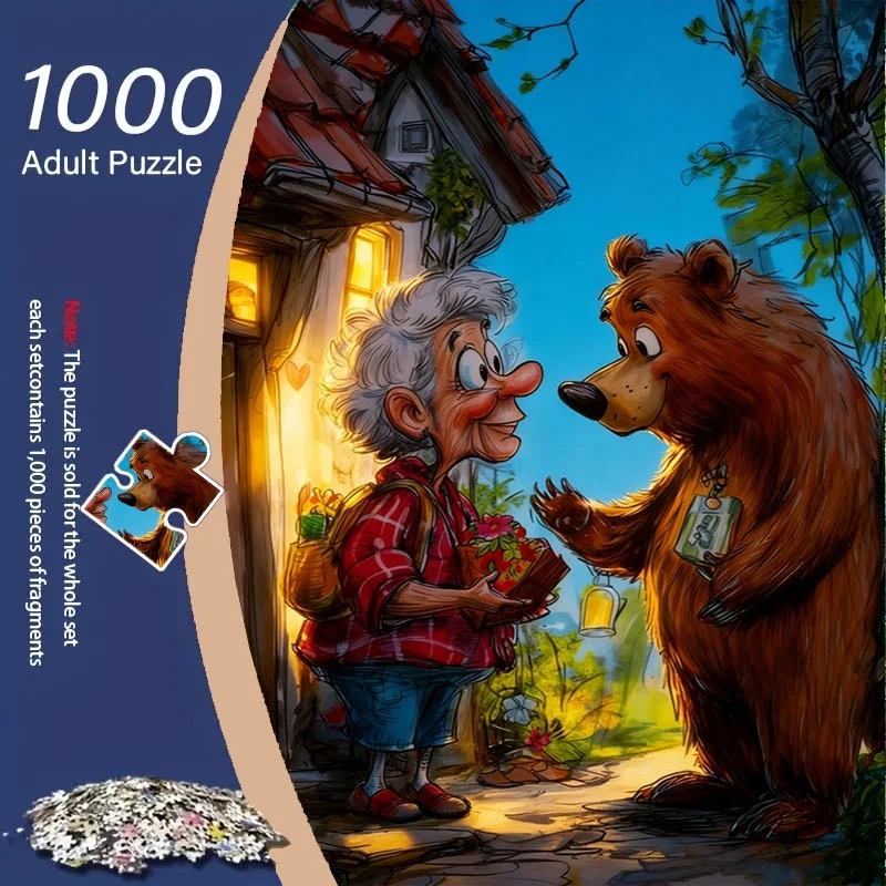 

1000pcs Cottage & Bear Forest Puzzle - Charming Forest Scene with Bears & Cottages, High-Quality Cardboard, Stress-Relieving D
