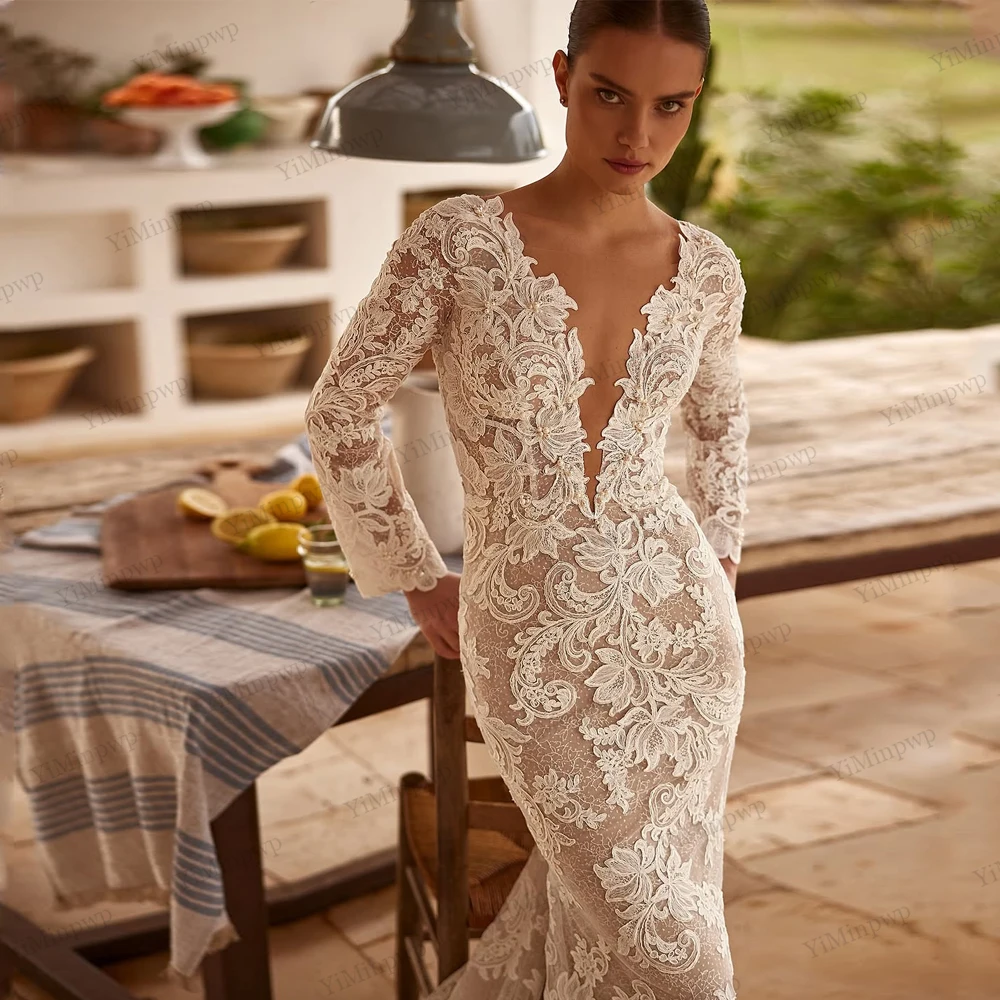 Vestido de novia de sirena brillante, cuello redondo, personalizado, Sexy, manga larga, Apliques de encaje, ilusión en la espalda, vestido de novia champán para novia