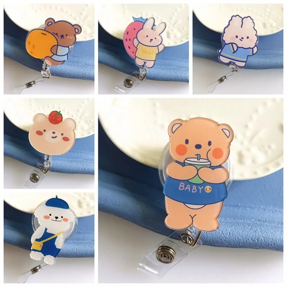 

65cm Length Bear Retractable Badge Reel Work Card Clip Chest Card Nurse Badge Holder Cartoon Acrylic ID Card Clips Hospital Use
