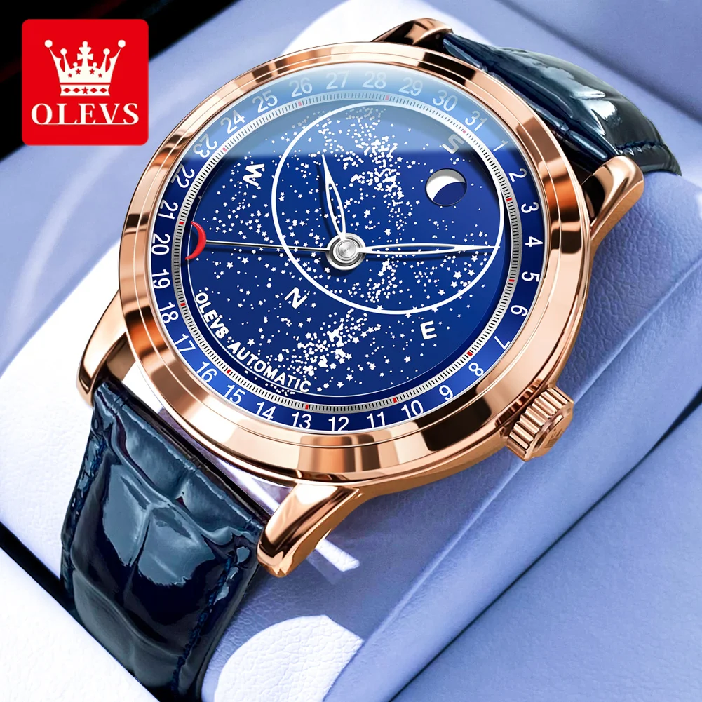 OLEVS 9923 Moon Phase Automatic Mechanical Watches for Man Fashion Leather Strap Waterproof Starry Sky Blue Luxury Men's Watches