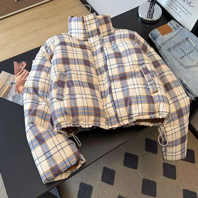 Warm Plaid Korean Women Puffer Jacket Stand Collar Zip Up Cropped Coat Drawstring Hem Thick Winter Outerwear Top
