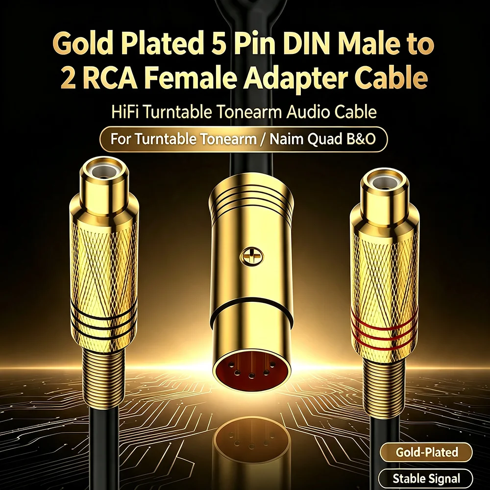 5 Pin DIN Male to Dual RCA Female Gold‑Plated Adapter Cable Hi‑Fi Turntable Tonearm Wire For Naim Quad B&O Vintage Audio System