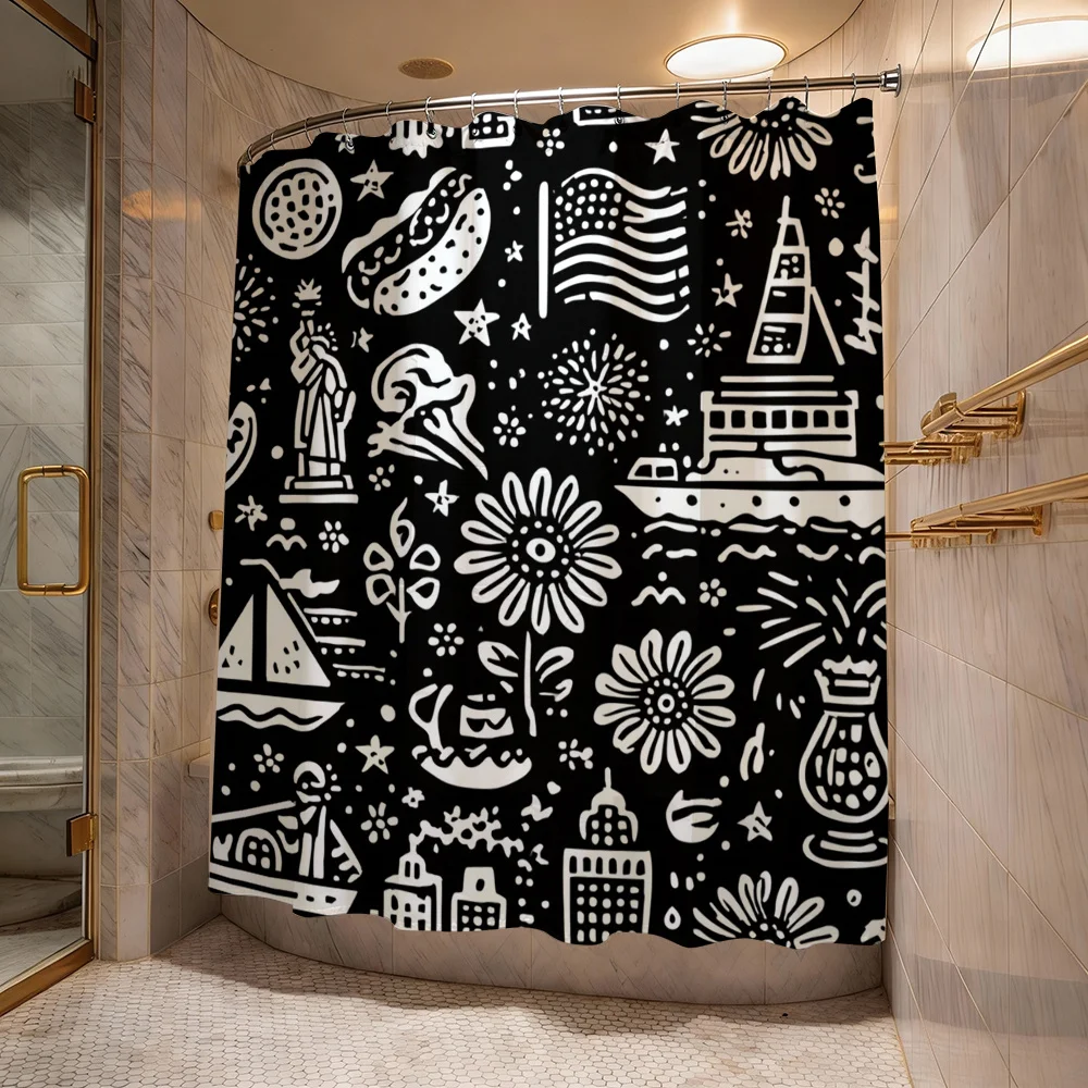 

Black and White Pop Art Pattern Shower Curtain Graphic Bathroom Decor Trendy Vintage Urban Subway Tile Print Bath Curtain