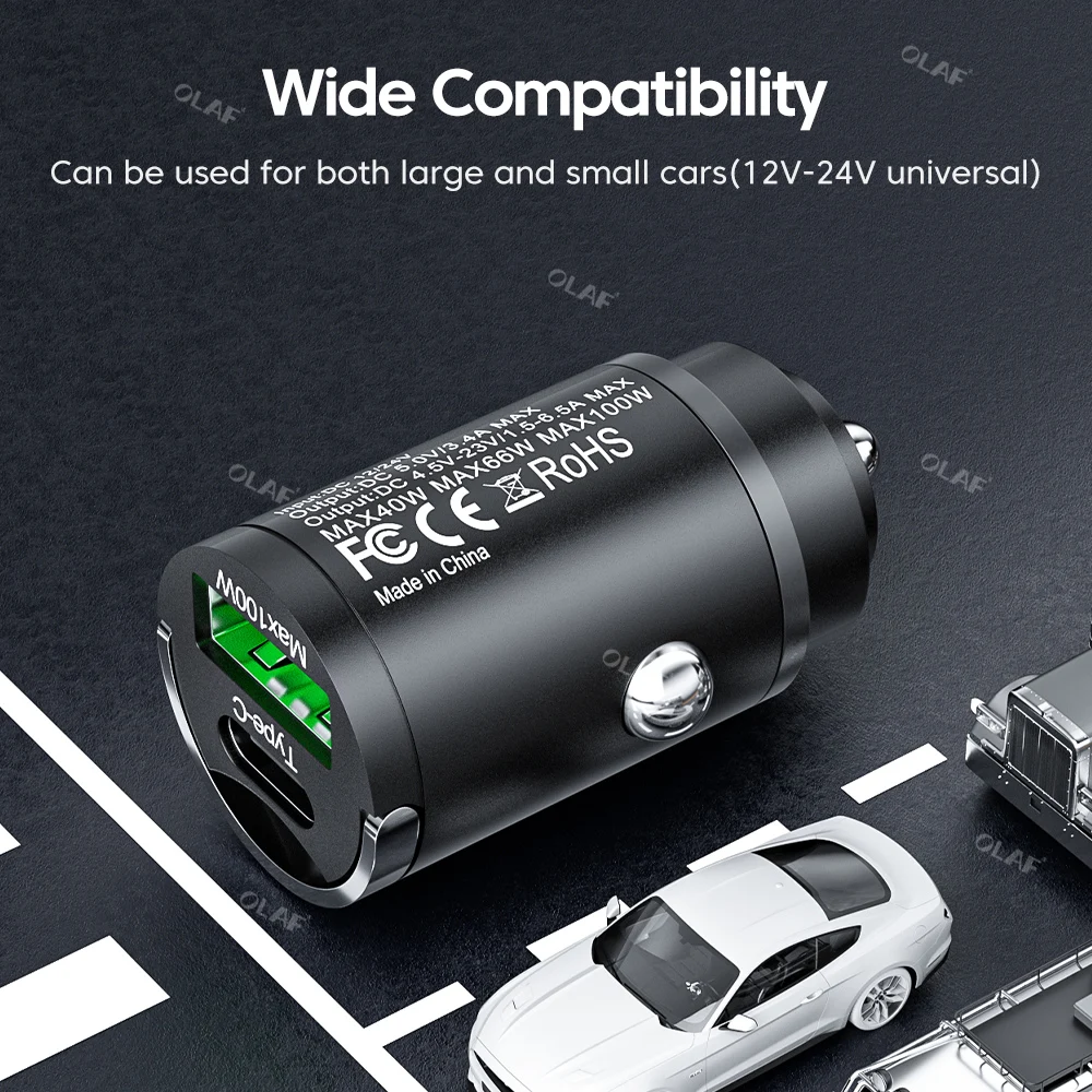 Olaf 100W Mini Car Charger Dual Ports Pull Ring Fast Charge Type C PD Car Adapter for iPhone 13 12 Xiaomi Huawei Samsung QC3.0