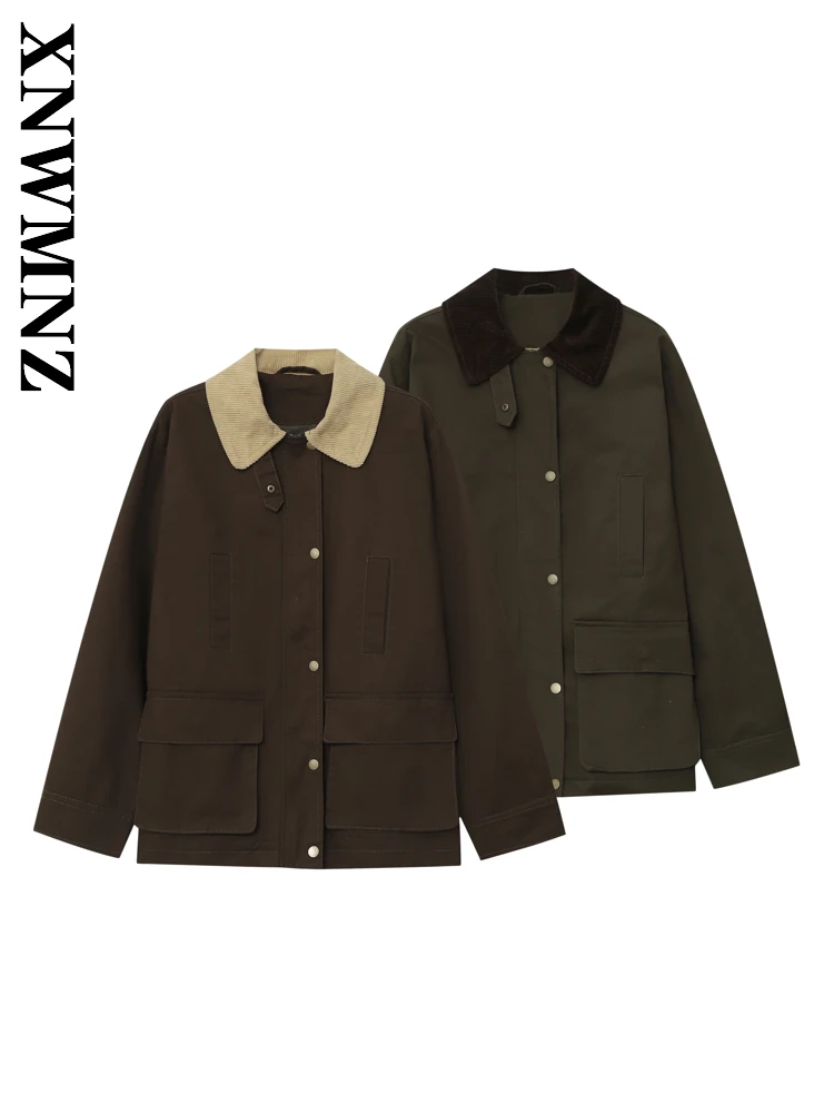 

XNWMNZ 2025 Spring Woman's Commuting Casual Turn-down Collar Long Sleeve Top Chic Fashion Lady Simple Long Sleeve Top Pockets