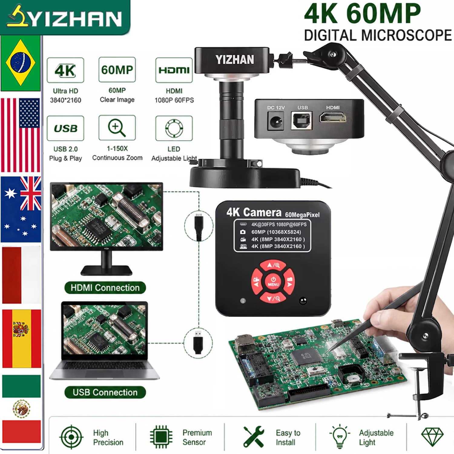 Yizhan 4K 60MP Soldering Microscope HD 1080P Digital Microscope 48MP HDMI USB Interface 1-150X Lens Remote Control 5-100cm Work