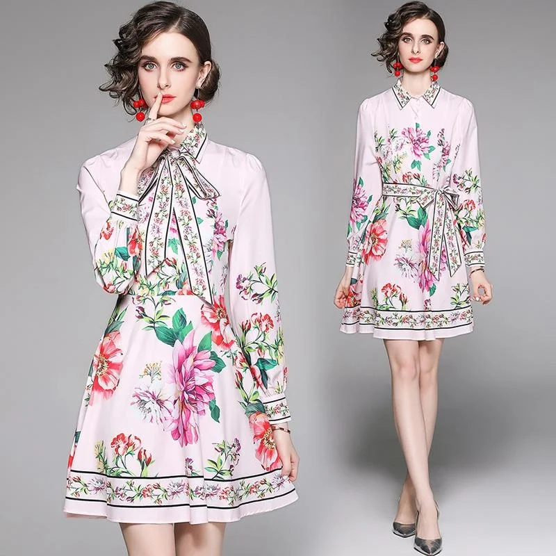 

Occident Glam Big Flower Printed Long Sleeve Summer Dresses For Women Feminino Pink Color Mini High Street Cute Bandage Vestidos