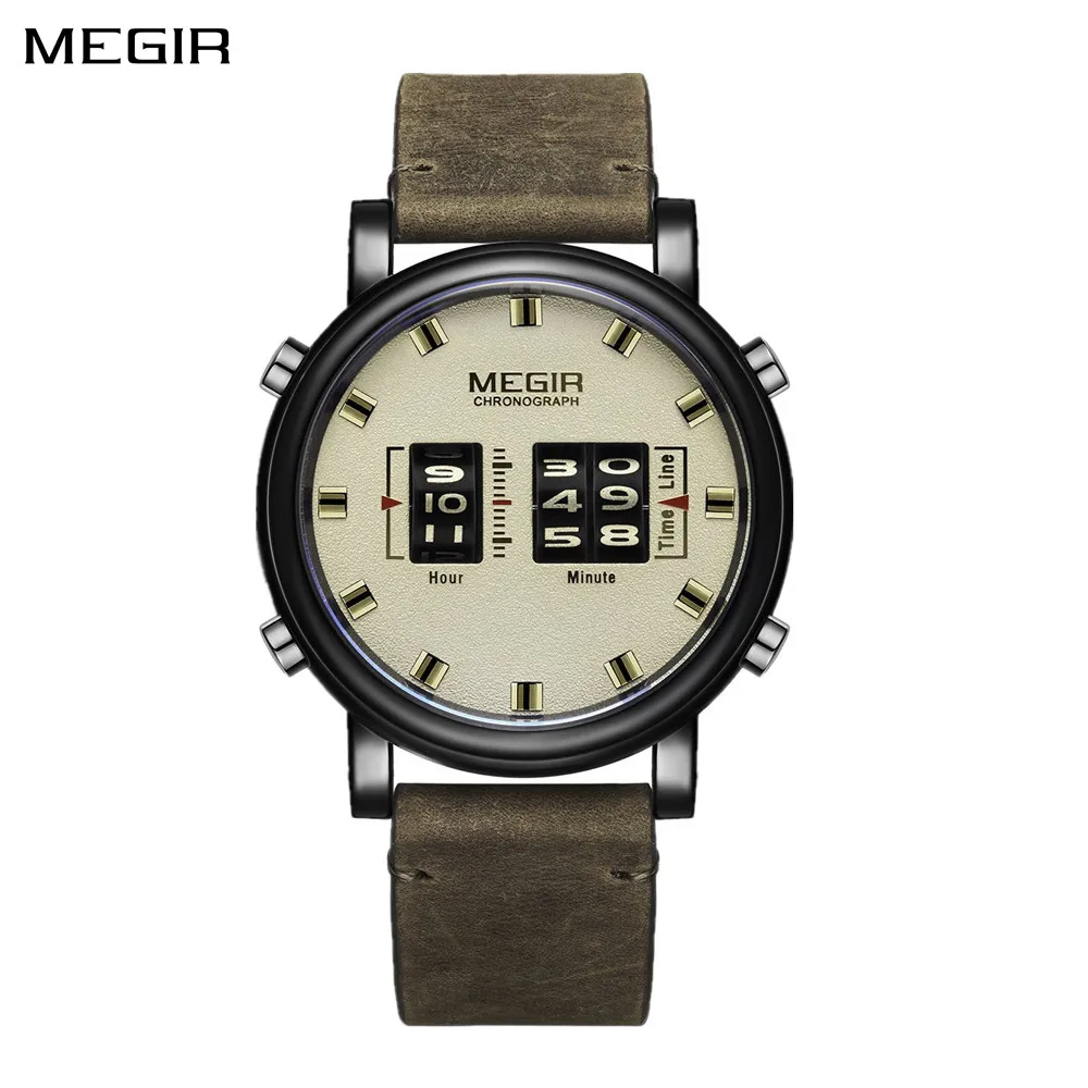 MEGIR Fashion Military Sport Watches for Men Leather Strap Roller Quartz Wristwatches Waterproof Casual Large Dial Watch Clock