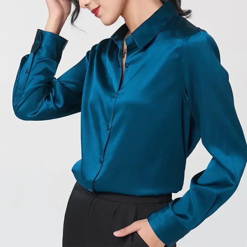 Woman Silk Shirt Long-sleeved Satin Women Blouse 19mm Mulberry Silk Blouse Loose Versatile Base Shirt 93% Natural Silk+7%Spandex