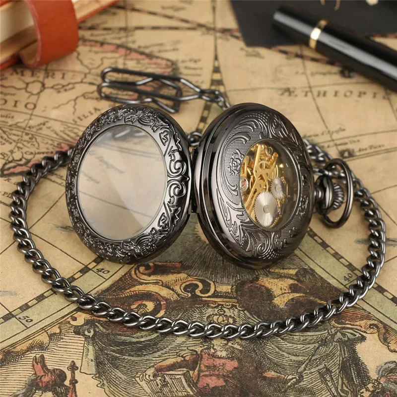 Luxury Hollow Case Retro Roman Number Steampunk Manual Skeleton Mechanical Hand-Winding Pocket Watch for Men Women Pendant Chain