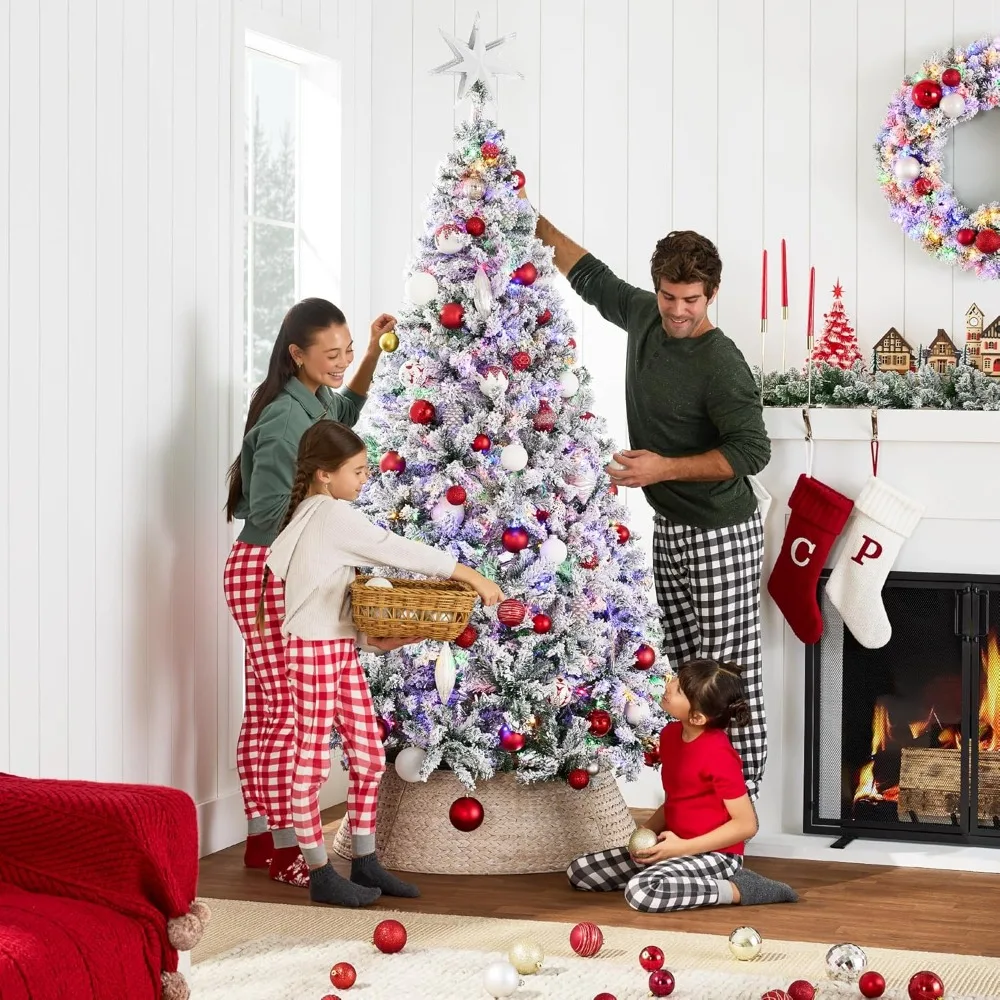 Artificial Christmas Tree, Pre-Lit Snow Flocked Design Pine Tree, Full Appearance Snowy w/Easy Assembly, Metal Stand