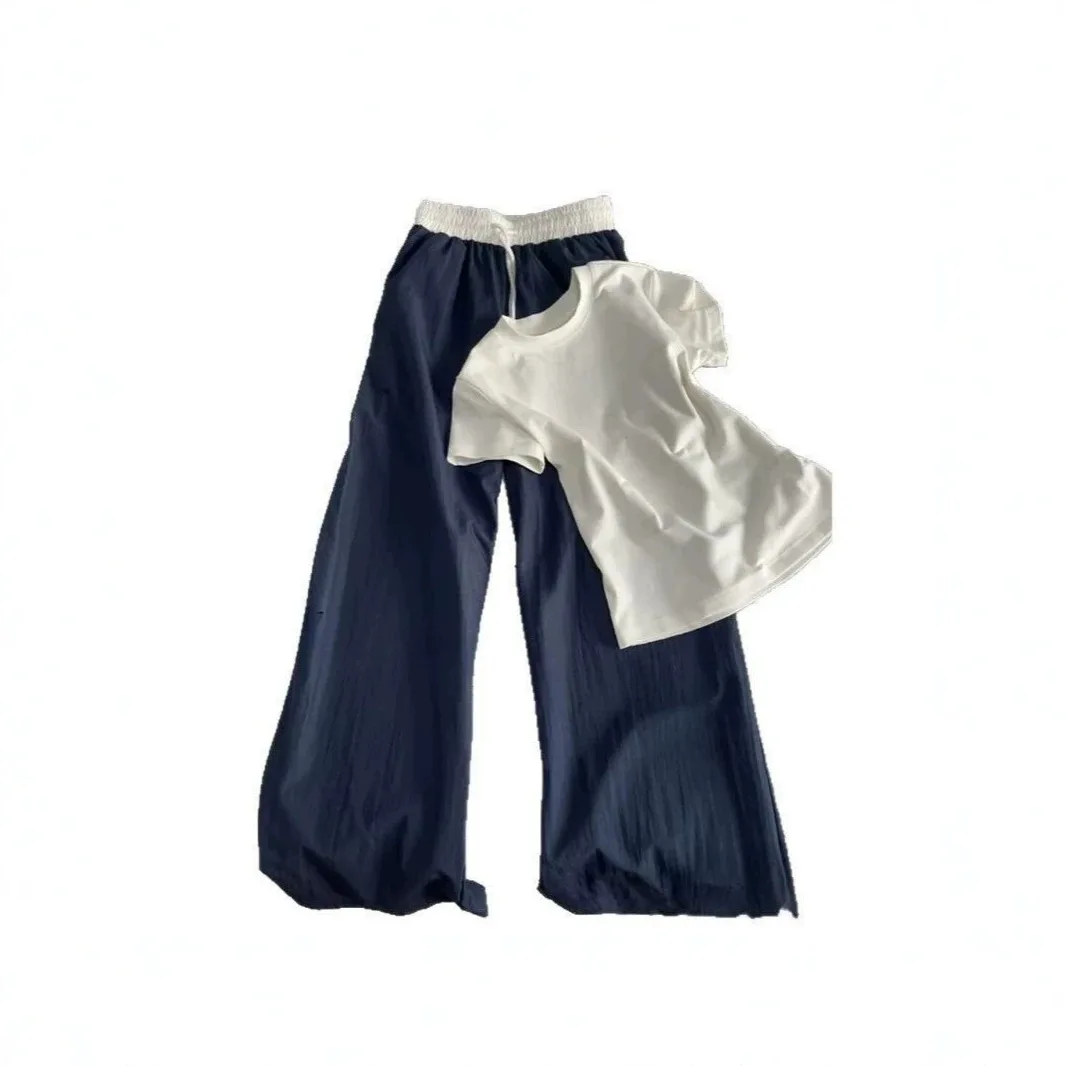 

Korean Style Girls Versatile Trendy Casual Set Middle And Older Kids Loose Minimalist Pure White T Shirt Pants Sports Two Piece