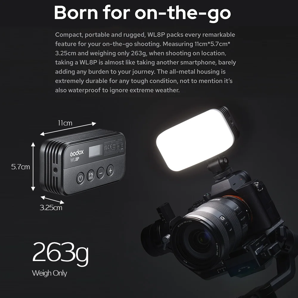 Godox wl8p led luz de vídeo fotografia preenchimento ip68 impermeável 2700k-8500k pode ser escurecido cri96 + para gravação de vídeo subaquático