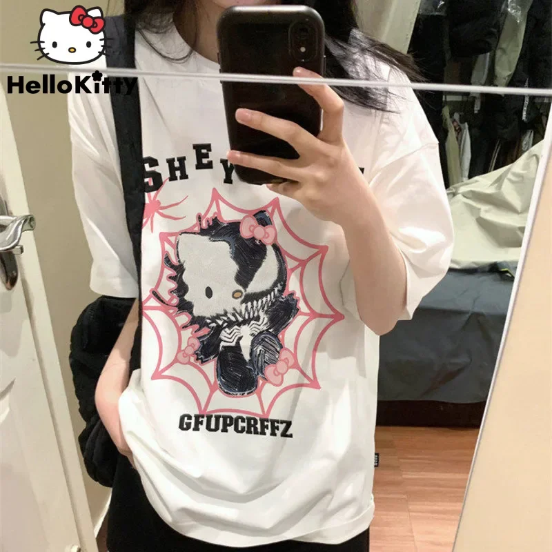 Sanrio Hello Kitty Tees Tops Fashion Y2k Gothic T-shirt Youthful Woman Clothes Emo 90s Korean Style Black White Harajuku Tops