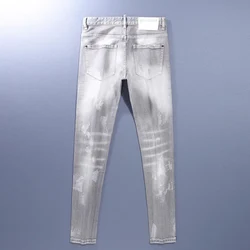 Jeans fendus gris rétro pour hommes, coupe couvertes élastique, pantalons peints, marque Street Hip Hop, créateur de mode, haute qualité, zones de vente