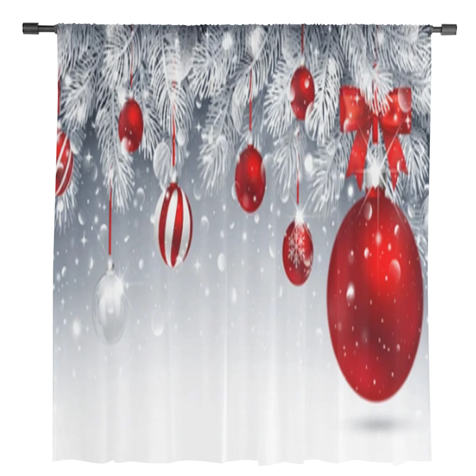 Red Balls And Fir Branches Sheer Curtains For Living Room Bedroom Balcony Transparent Window Blinds Kitchen Drapes