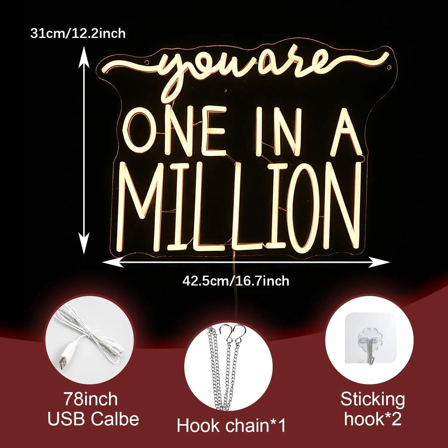 You Are One In A Million LED Neon Sign Warm White Words for Wall Decor Dimmable USB for Bedroom Lovers Room Wedding Party