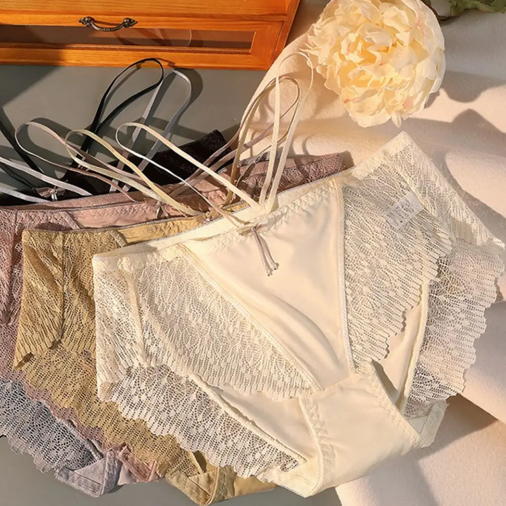 

Lovely Retro Hollow Out Thin Belt Ribbon Lingeries Solid Color Women Lace Panties Sweet Briefs Korean Underwear Ice Silk