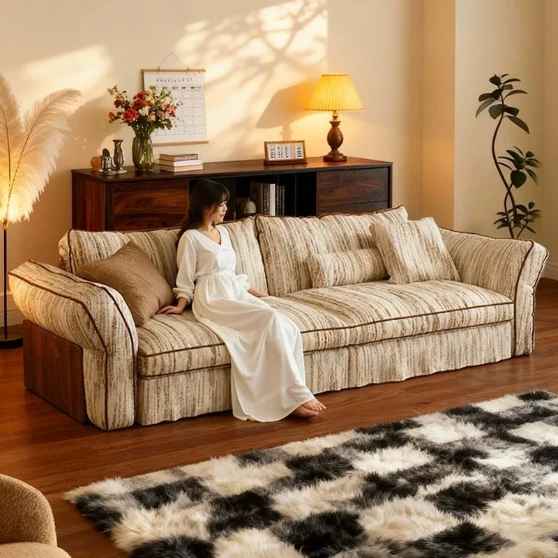 Souffle Straight Linen Fabric Sofa, Removable Washable Cover Couch, Retro Wabi Sabi Cream Mid Century Sofa For Living Room