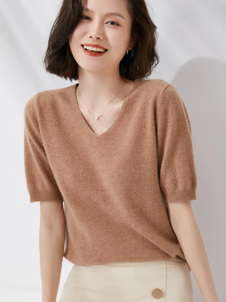 New 100% Merino Wool Women\' Sweater V-neck Solid Color Pullover Spring Summer Half sleeved Basic Clothing Base Sweater Casual