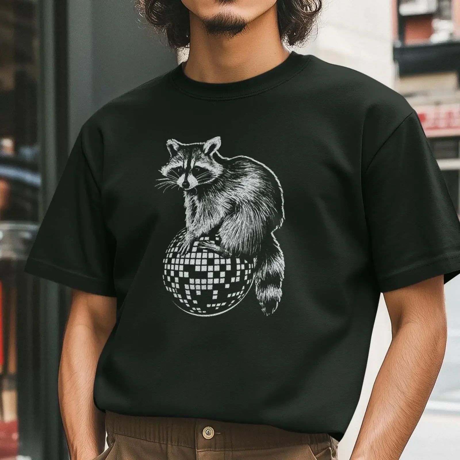 Funny Raccoon On Disco Ball Men's T Shirt Retro Casual Party Animal For Lovers vintage Washed Versatile fashion streetwear