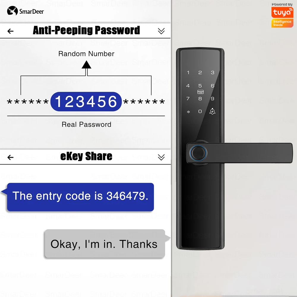 SmarDeer Electronic Lock for Tuya Smart Lock with 5-in-1 Digital door lock Keyless Entry via Fingerprint/Coed/Card/App