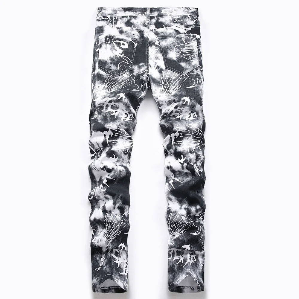 Men Skull Printed Jeans Fashion Devil Hand Pattern Denim Pants Black White Slim Straight Trousers