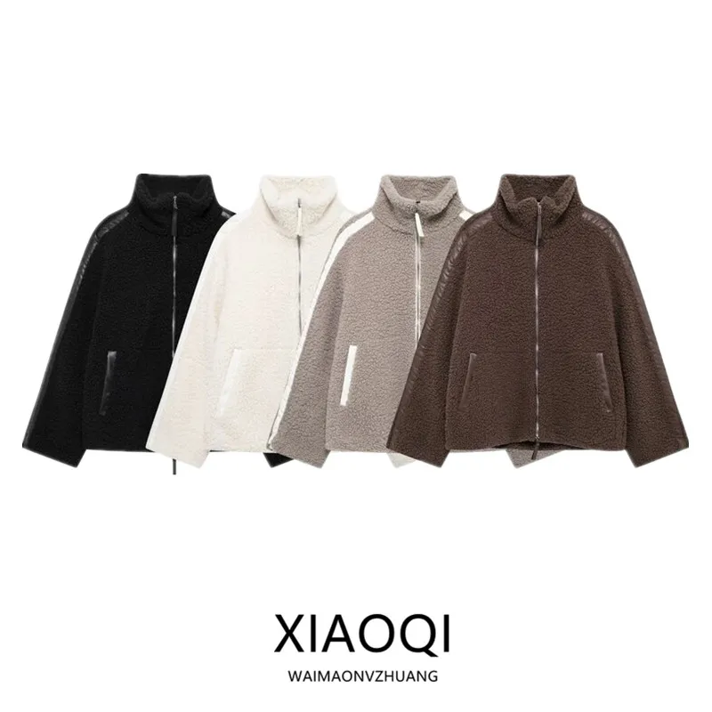 

2024 Autumn New Women's Teddy Fce Double Zipper Loose Fit Stand Collar Open Cardigan Versatile Sle Regular Length Outerwear