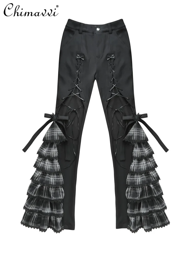 

Original Design Plaid Strap Cake Lace Slim Casual Pants 2025 Autumn Clothes New Gothic Dark Girls Temperament Y2k Trousers