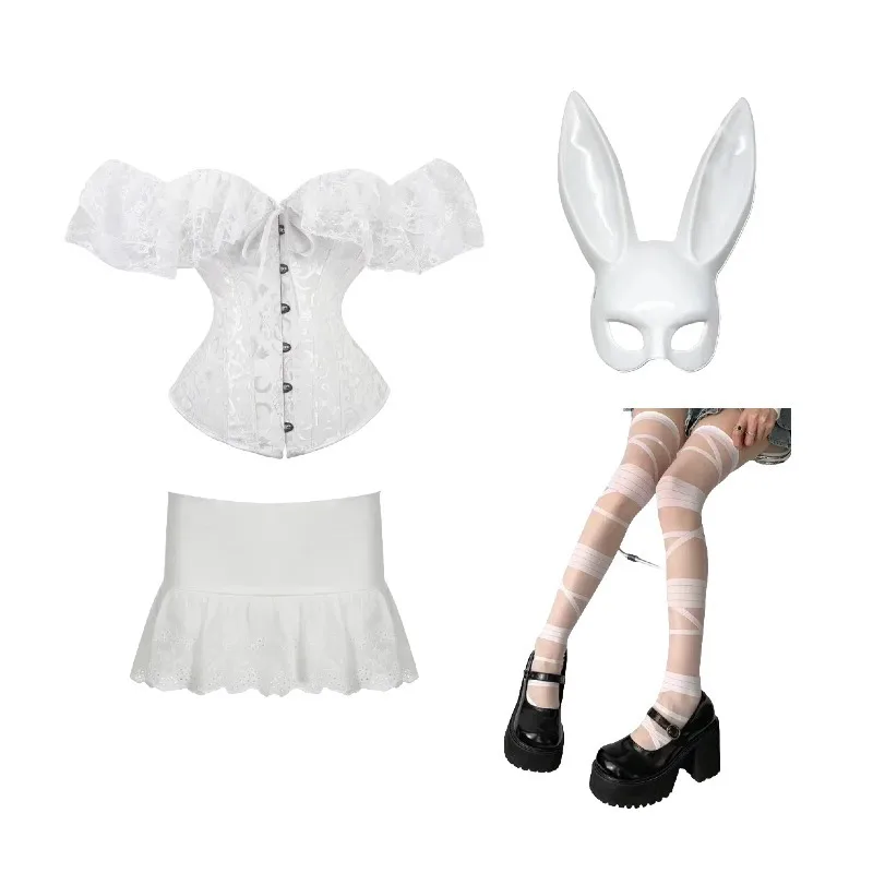 

Halloween Sexy Bunny Girl Cosplay Costume White Lace Tight Top Skirt Mask Socks Suit for Women Carnival Party Roleplay Outfits