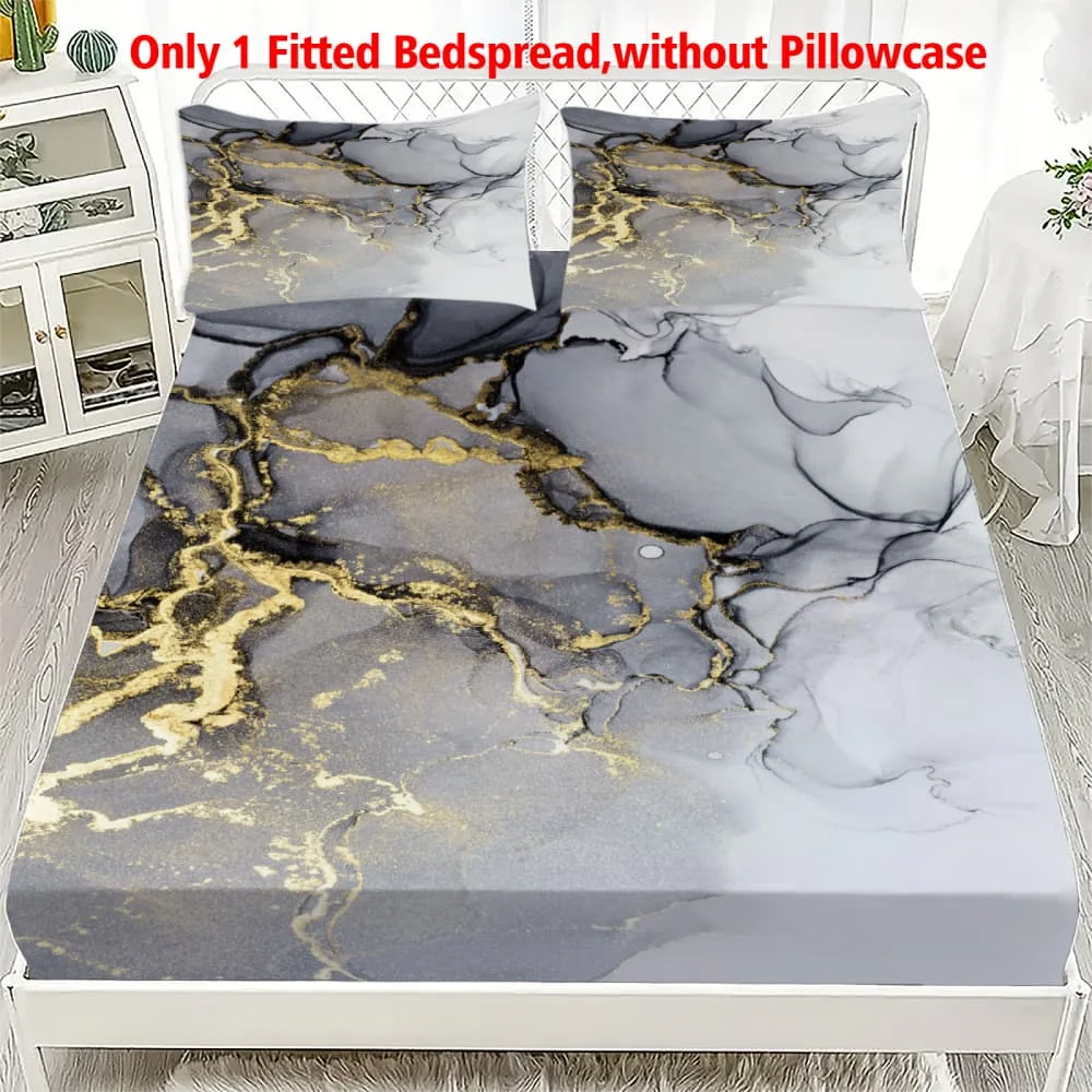 1pc Black Marble with Gold Vein Print Fitted Sheet Deep Pocket Elastic Mattress Cover Single Double Queen King Bedroom Decor