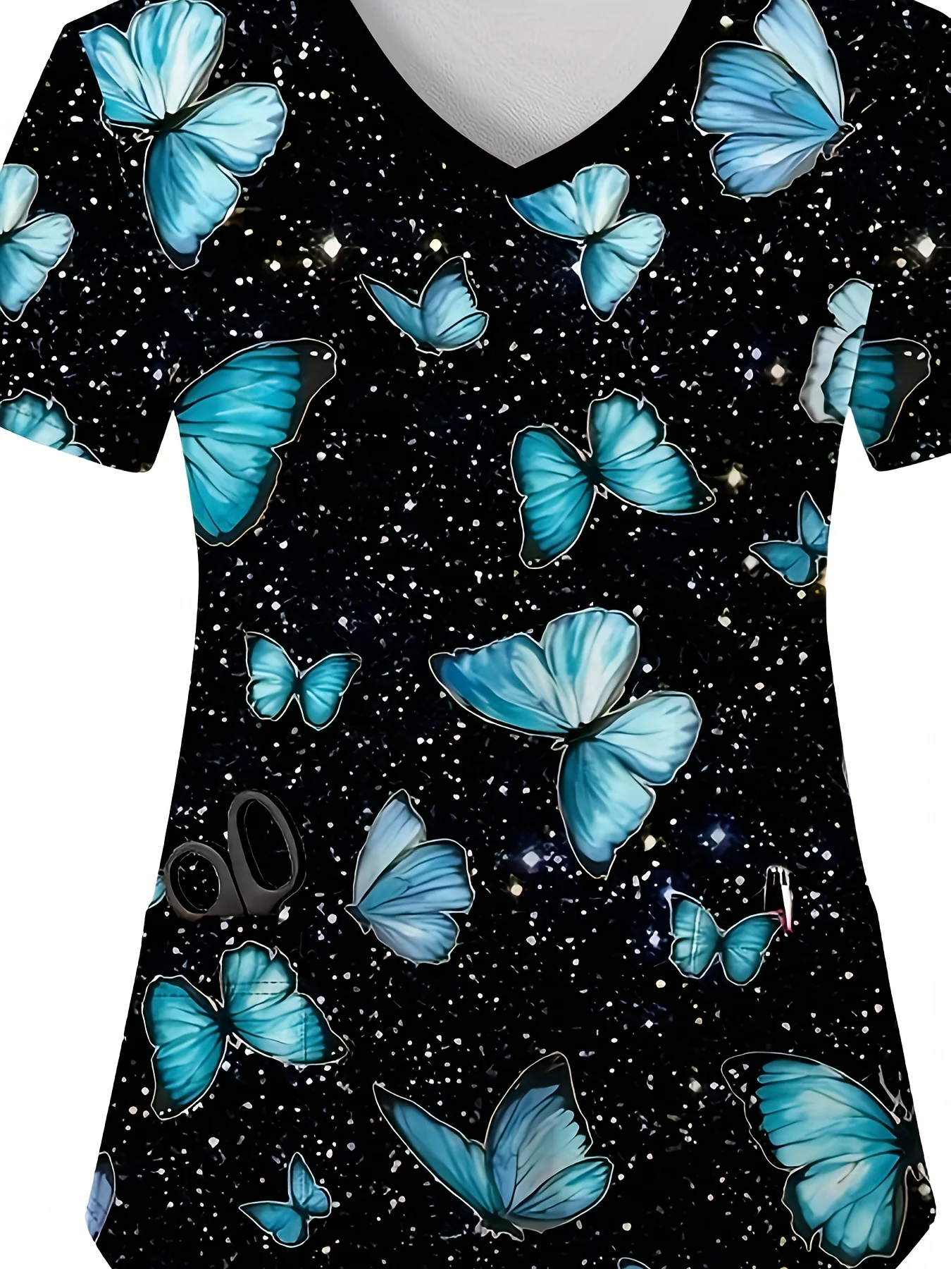 トンボプリント伸縮性デュアルポケットVネックトップ、快適な機能的な夏半袖制服、ナース、婦人服